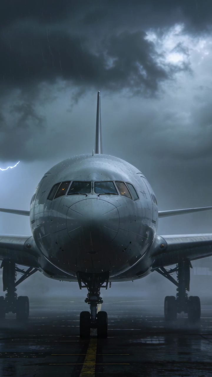 Vertical video: Airport jet sitting on taxiway, lightning flashing and lighting wet tarmac in storm