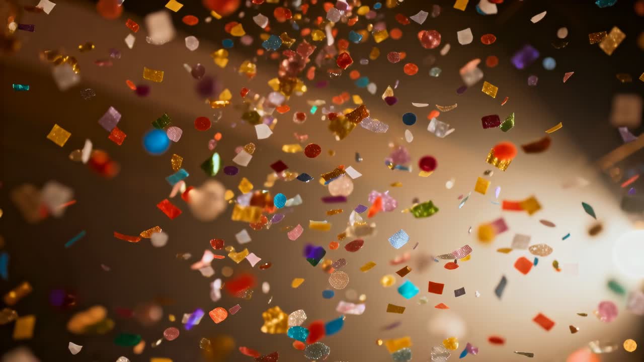 Coriandoli colorati che cadono dall'alto sul palco di un evento, catturando i riflessi dei faretti.