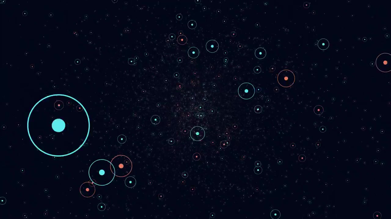Flying small neon blue and red rings in dark galaxy