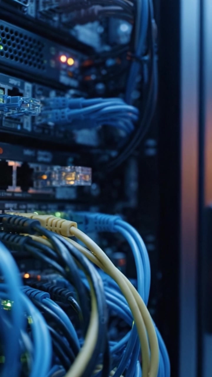 Intricate Network of Data Cables and Servers Illuminated by LEDs, Showcasing the Complexity of Modern Data Centers and Technology Infrastructure