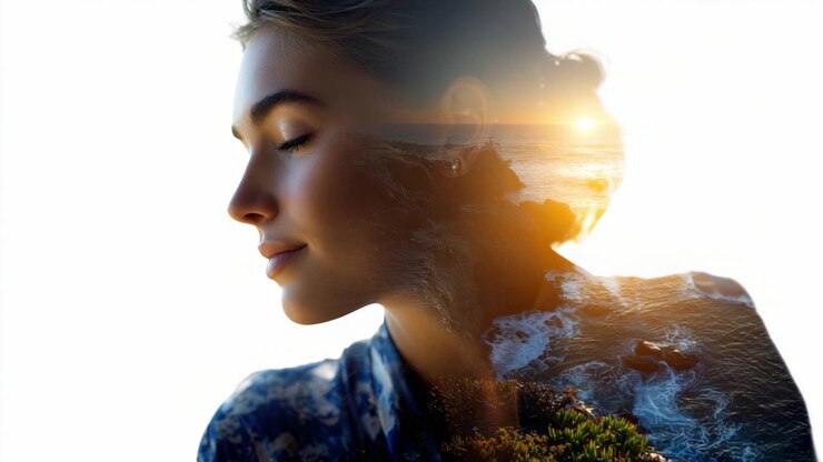 Un momento sereno catturato: un elegante ritratto di una donna con uno sfondo sognante di spiaggia, oceano e tramonto, che evoca pace, tranquillità e bellezza naturale.