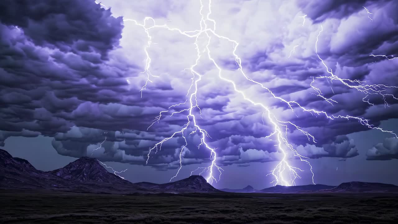 Suggestivo video grandangolare di un cielo tempestoso con fulmini che illuminano nuvole scure su un paesaggio montuoso.