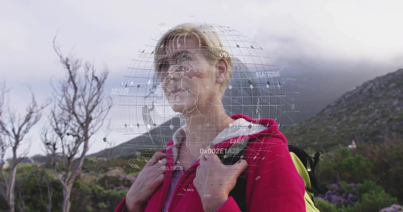 Hiker gripping straps on mountain trail, digital grid causing rotating tech globe enveloping head