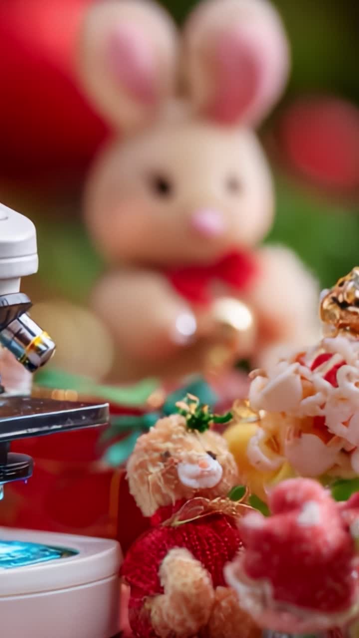 A Charming Scene Featuring a Microscope Alongside Adorable Plush Toys and Festive Decorations, Perfectly Captured to Evoke a Whimsical Atmosphere of Childhood Wonder and Scientific Curiosity