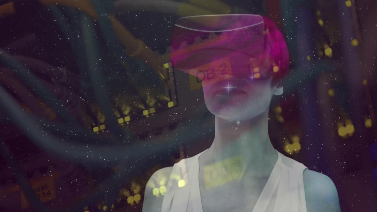 Woman using VR headset against close up of computer server