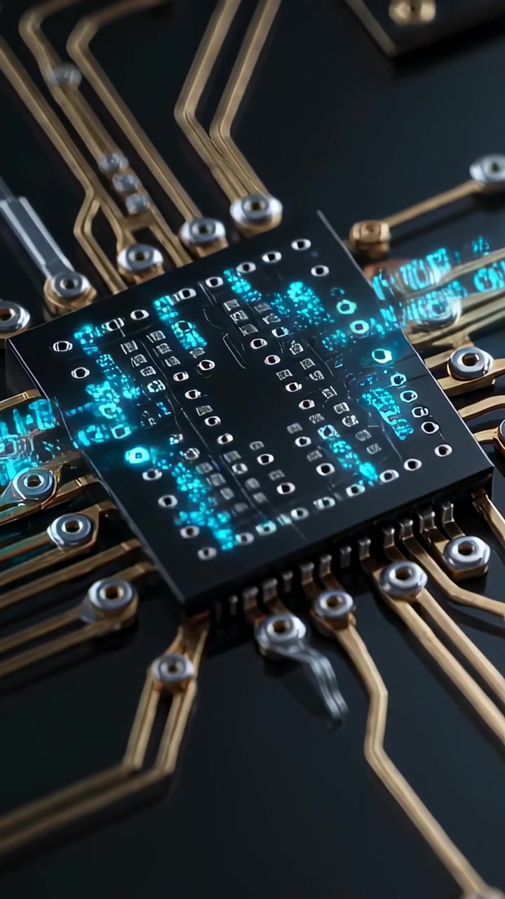 Vertical video: Camera zooming showing cyan glow moving across IC, gold traces on PCB, signaling
