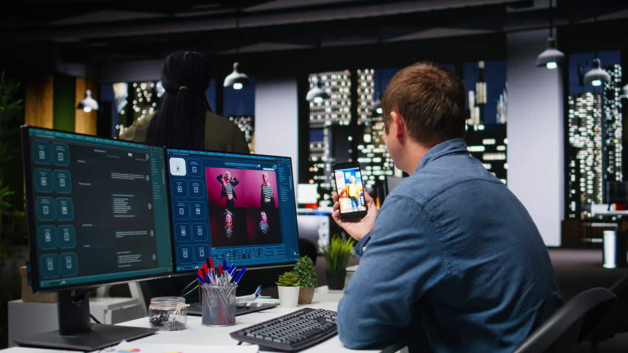Young man photographer retouching content and scrolling on social media