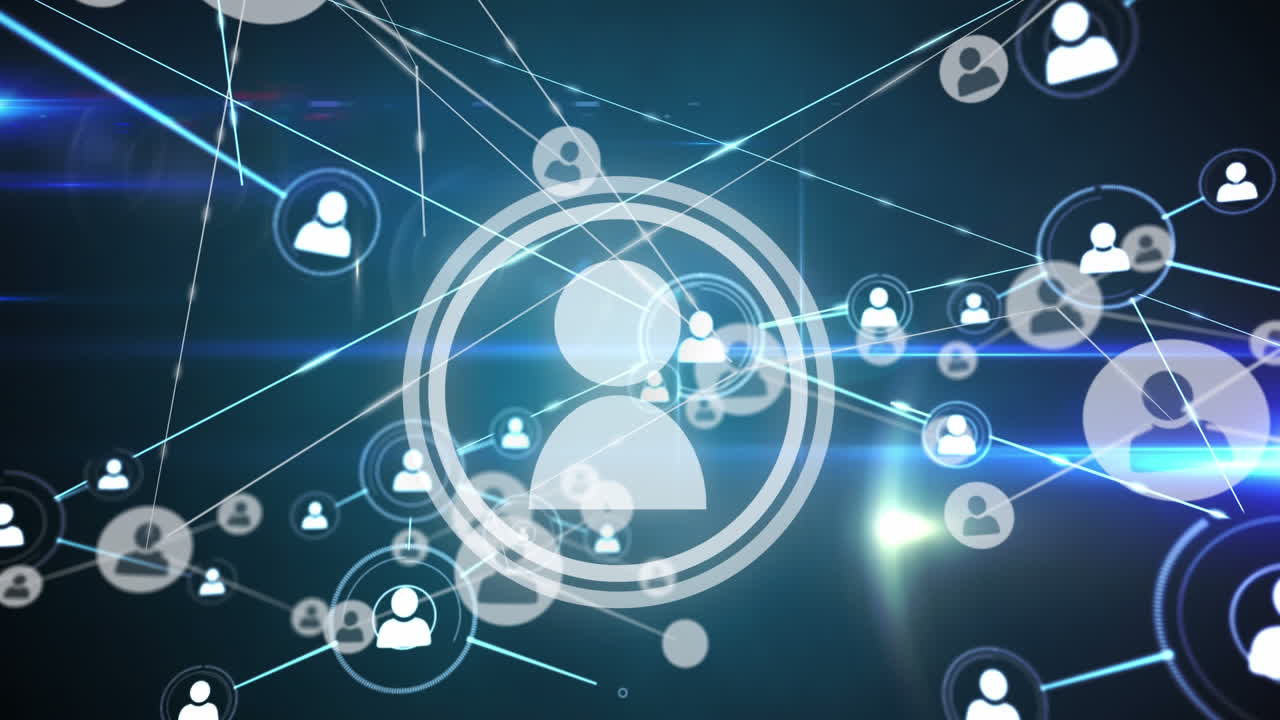 animación digital de la red de iconos de perfil y rastros de luz contra un fondo azul