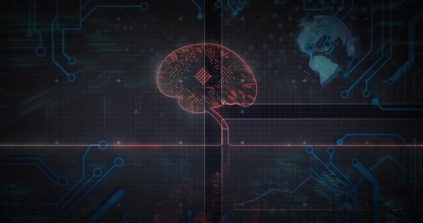 Code fading in, neon brain pulsing with flickering nodes and magenta line visualizing data