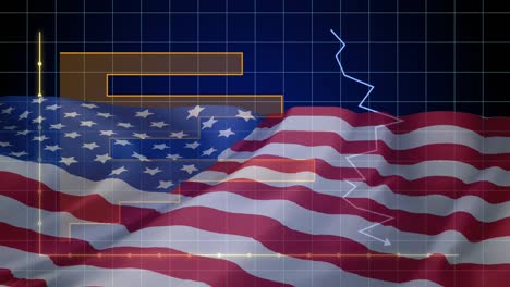 animación del procesamiento de datos financieros sobre la bandera de los estados unidos de américa