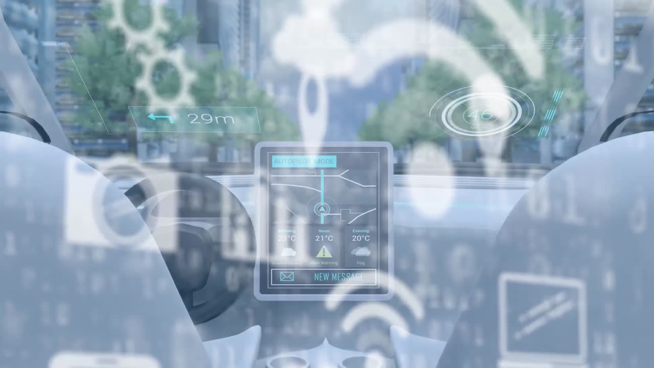 디지털 아이콘의 디지털 애니메이션과 미래의 자동차 자율주행이 도시를 가로지르고 있습니다.