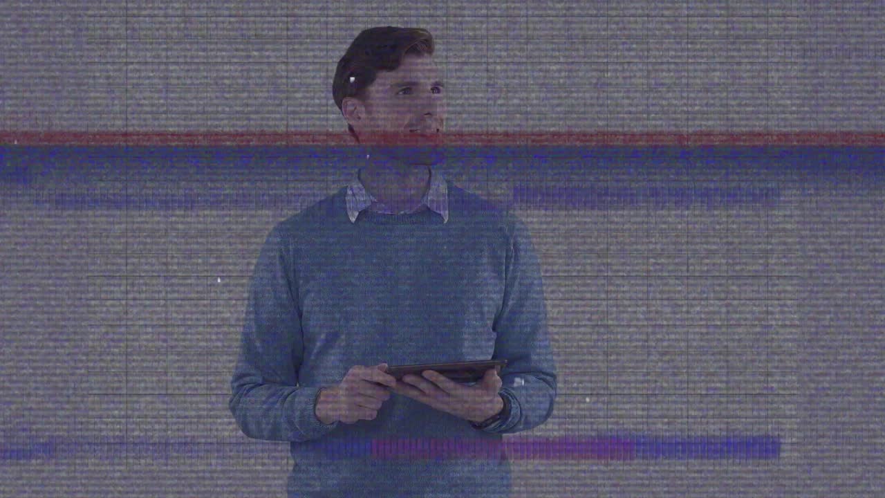 Animation of lines of distortion and interference, over confused man using tablet