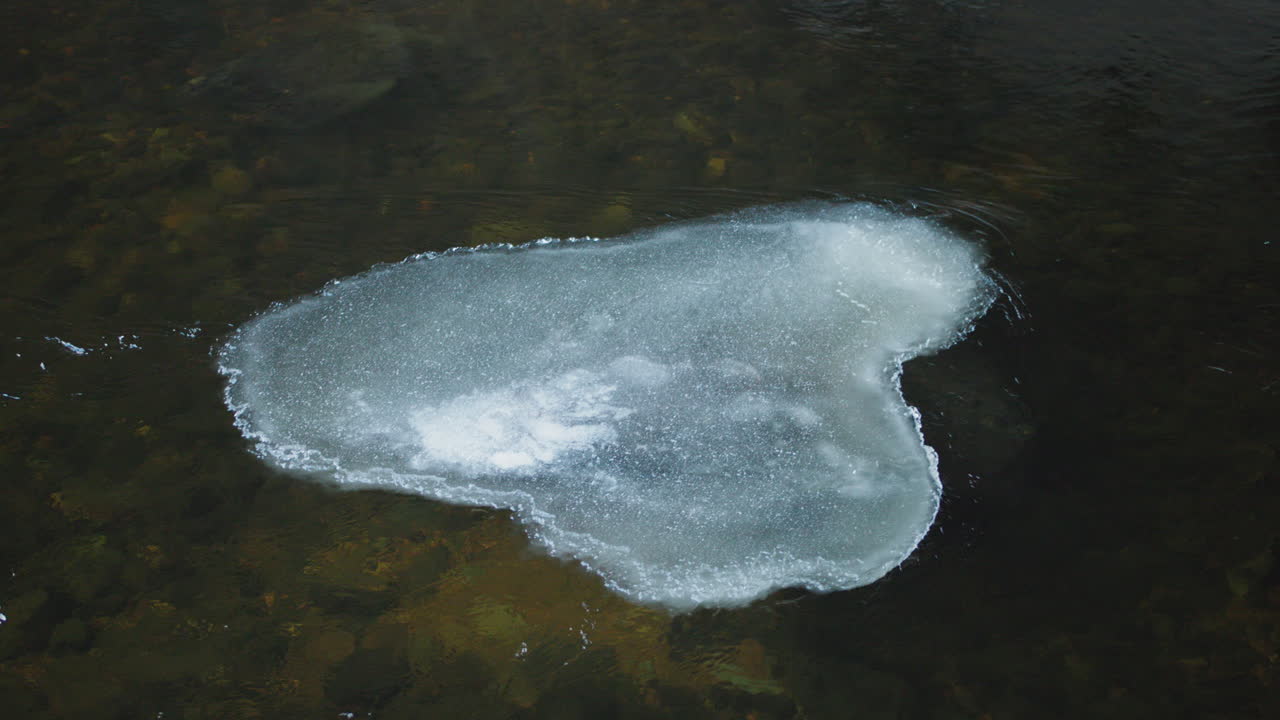 Water flowing past a small ice flake that is formed above a rock in the river on a cold winter day in Norway