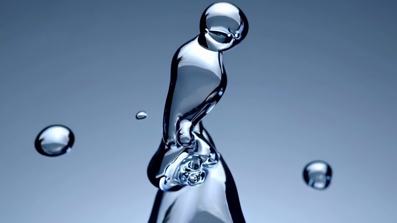 Video ravvicinato di gocce d'acqua fluttuanti su uno sfondo blu gradiente, ripreso dal basso