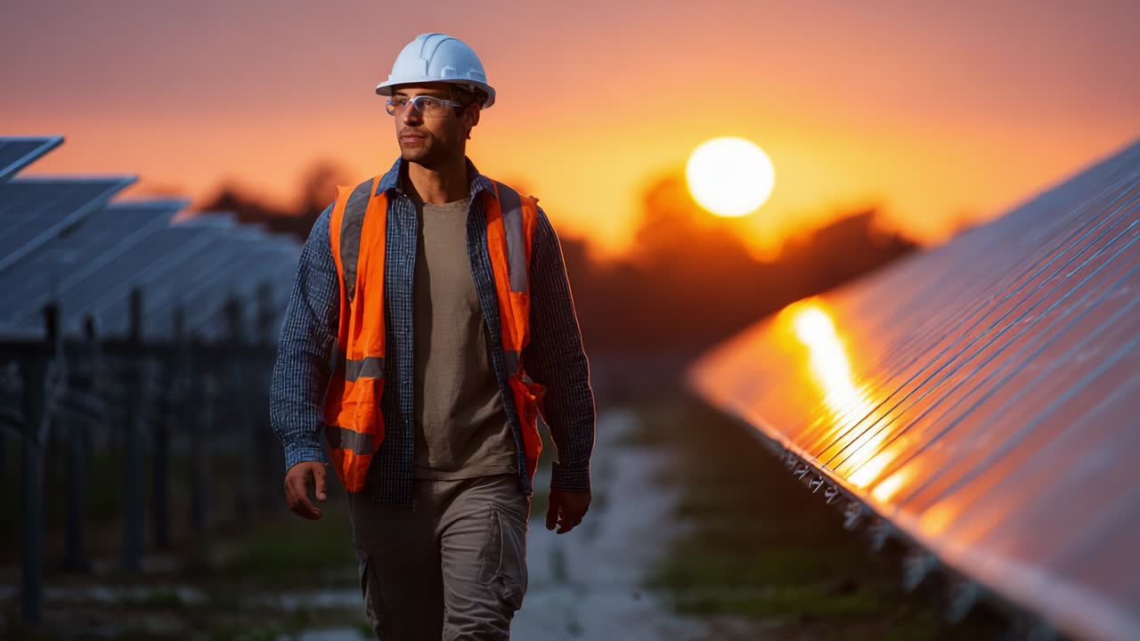 A dedicated worker in a solar energy field confidently walks towards the sunset, surrounded by solar panels that glisten in the fading light, embodying the future of renewable energy and sustainable living