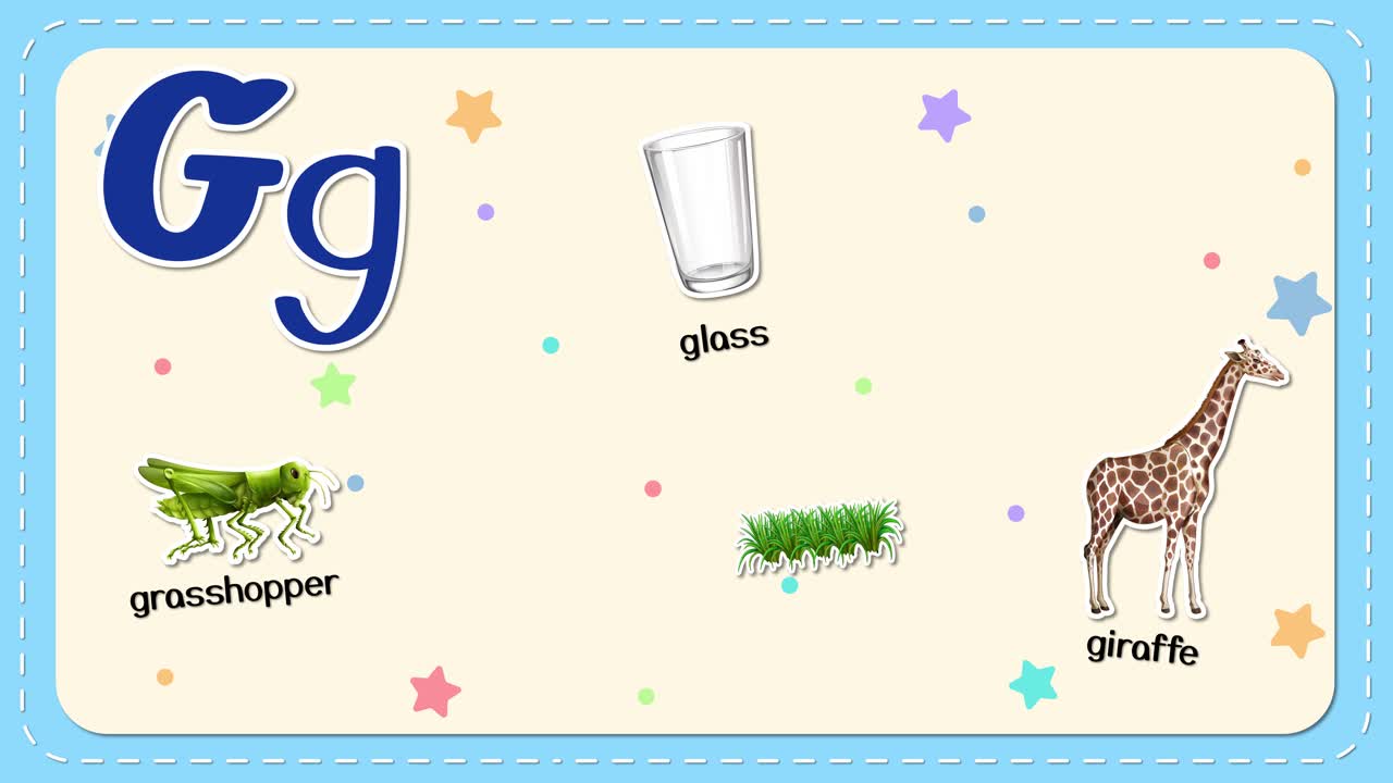 Flashcard animata che mostra la lettera G con illustrazioni di cavalletta, vetro, giraffa, erba, cancello e bombola del gas