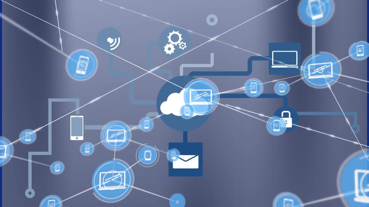 Animation of network of connections with people icons over digital cloud icon