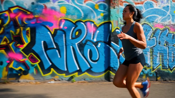 Donna che corre davanti a un muro di graffiti