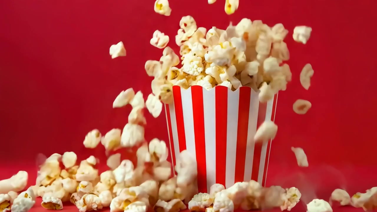 Popcorn che cadono in un secchio a strisce rosse e bianche