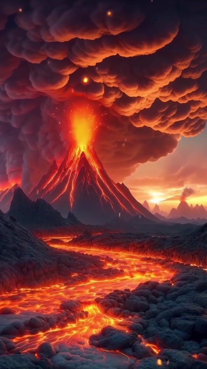 Potente eruzione vulcanica con lava che scorre e nuvole di cenere