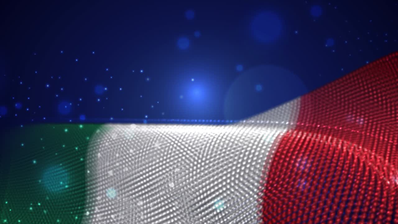 Bandiera italiana che sventola su sfondo blu con bagliori luminosi, loop di movimento.