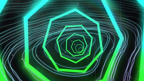 forming tunnel, neon green geometric shapes with glowing lines over dark background