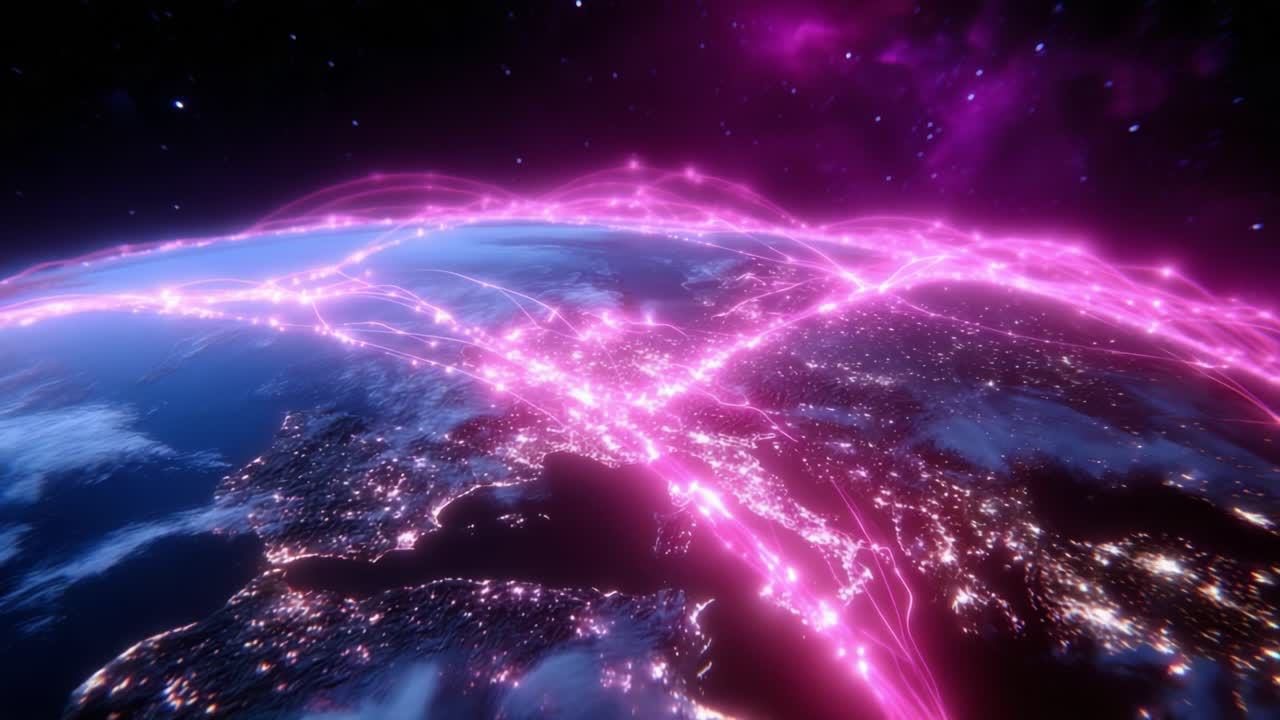 A Stunning Visual Representation of Global Connectivity and Digital Networks Illustrating the Interconnectedness of Continents Through Vibrant Pink Light Trails Against Earth’s Nighttime Surface