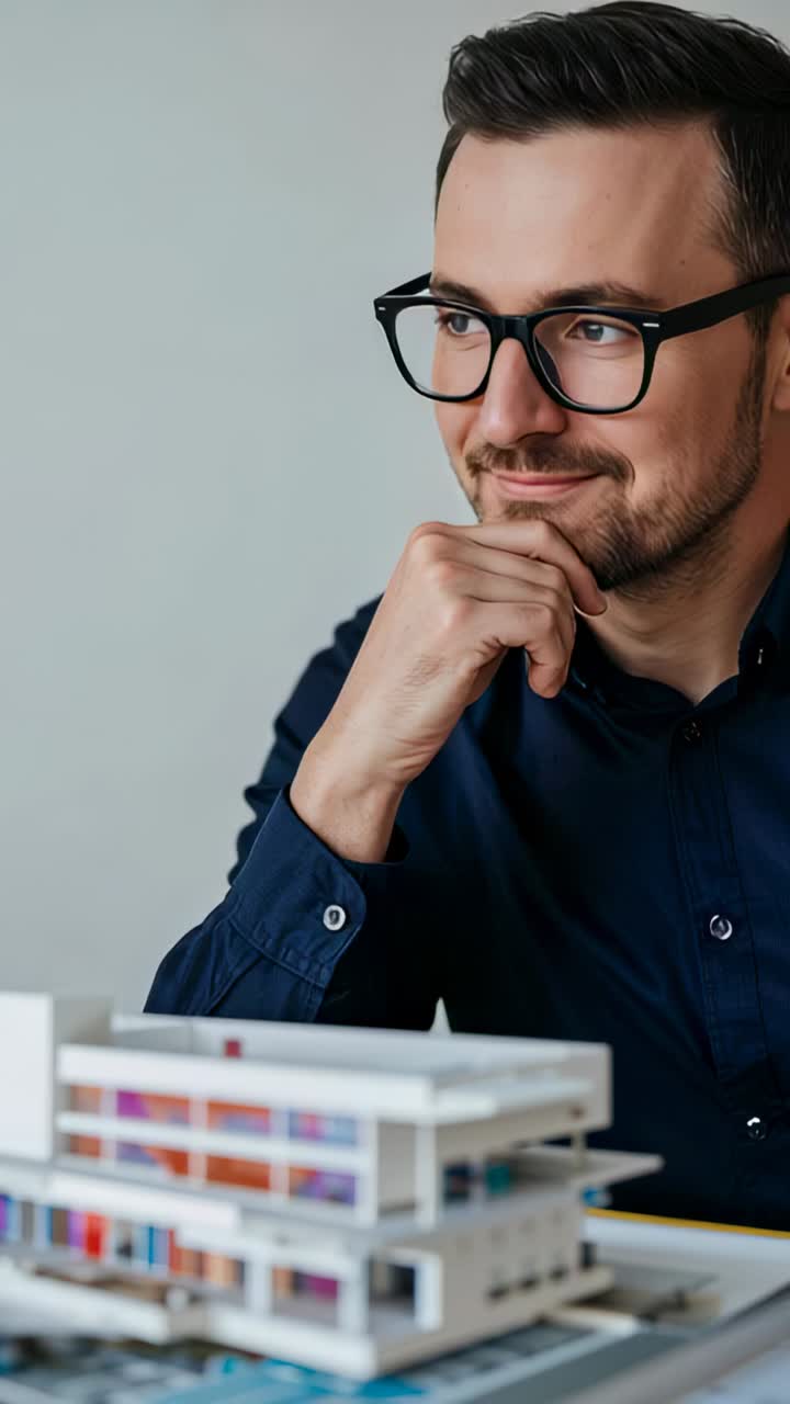 Vertical video: Shifting gaze, man in navy shirt reacting to scale model at desk, assessing facade
