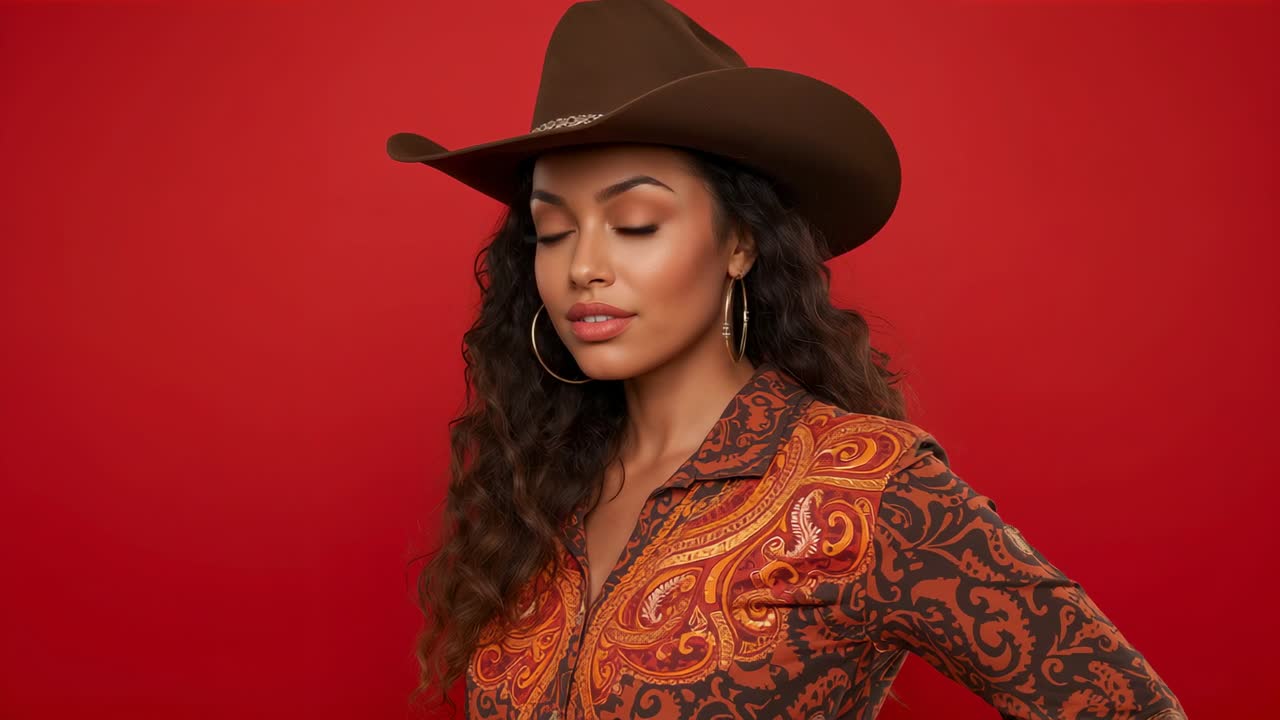 Pivoting model turning left against red backdrop in cowboy hat, hoop earrings, adjusting shirt cuff