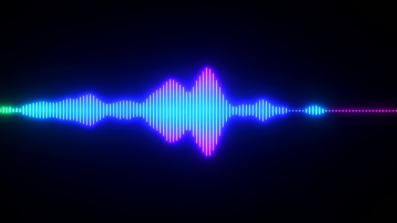 Neon Audio Wave Visualizer Glowing Across Dark Background, Pulsing Cyan Magenta Green Bars Respond To Bass