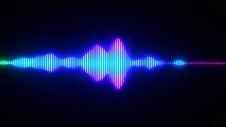 Neon Audio Wave Visualizer Glowing Across Dark Background, Pulsing Cyan Magenta Green Bars Respond To Bass