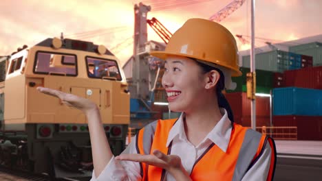 close up of asian female engineer with safety helmet smiling and pointing to side with freight cargo train at port