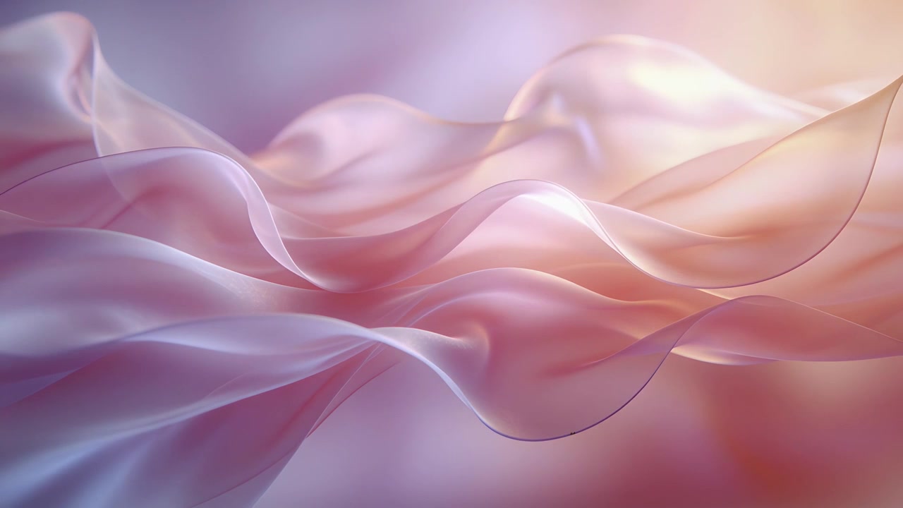 Nastri di seta traslucidi fluttuano e ondeggiano su uno sfondo sfumato da studio, mostrando lucentezza e bokeh.