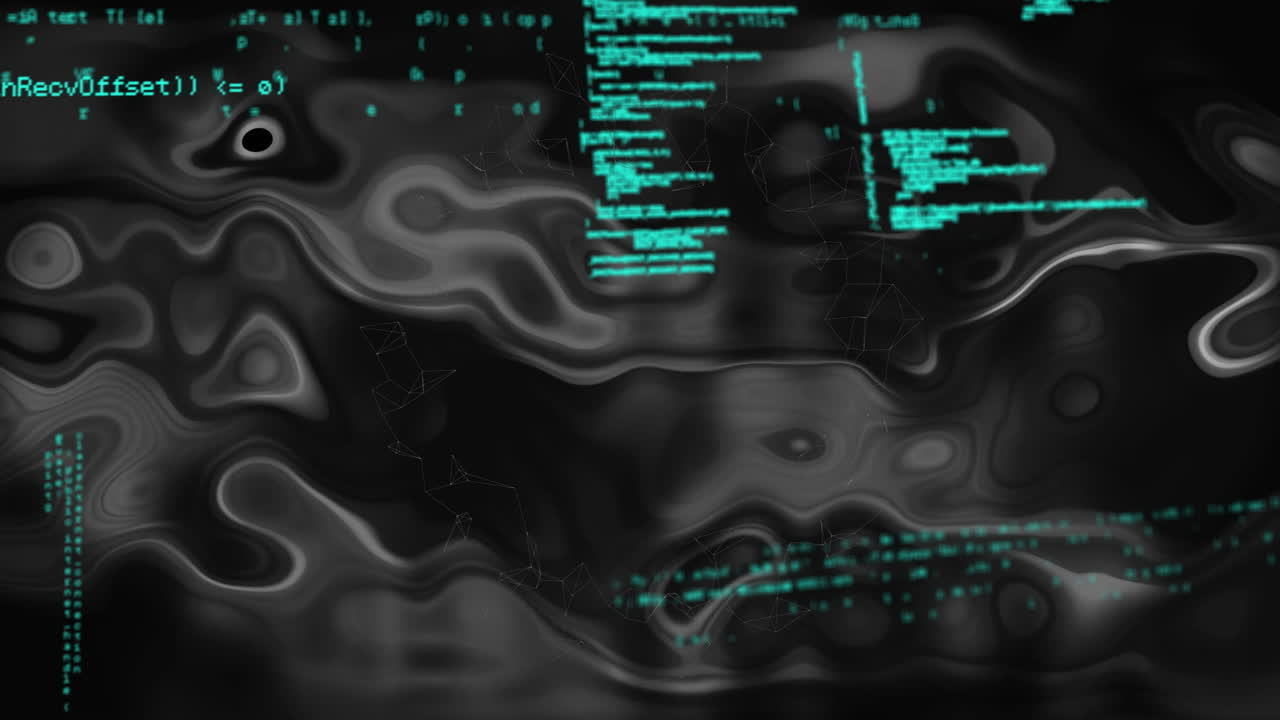 Animation of glowing green code swirling over abstract black and gray patterns