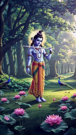 a divine figure in a serene forest, surrounded by peacocks and lotus flowers