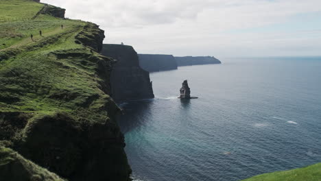 tourists walk next to massive cliffs of moher