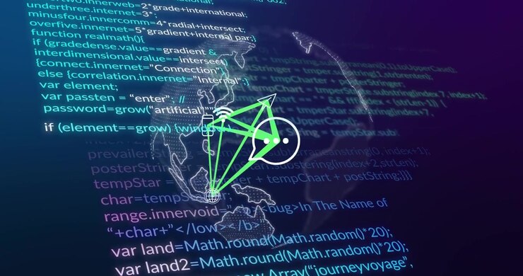 Scrolling code starting mesh globe appearing, rotating and linking phone icons, visualizing network