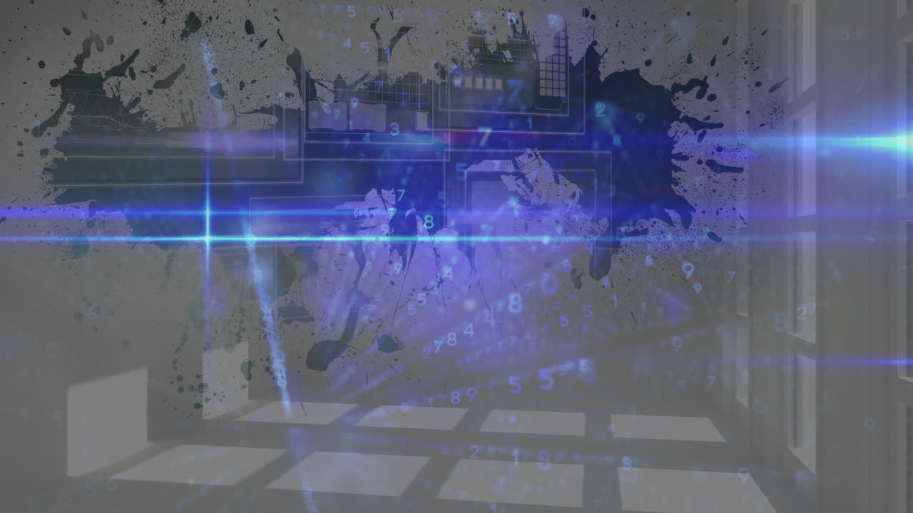 animación de código binario y luces sobre mancha en la pared