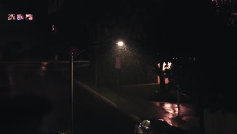 Rainy-Night-in-Residential-Suburbs,-Raindrops-and-Street-Light,-Slow-Motion