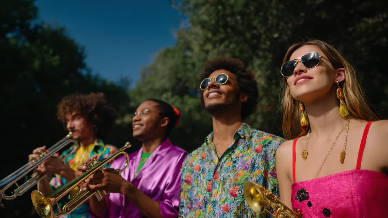 Group of musicians playing trumpets outdoors