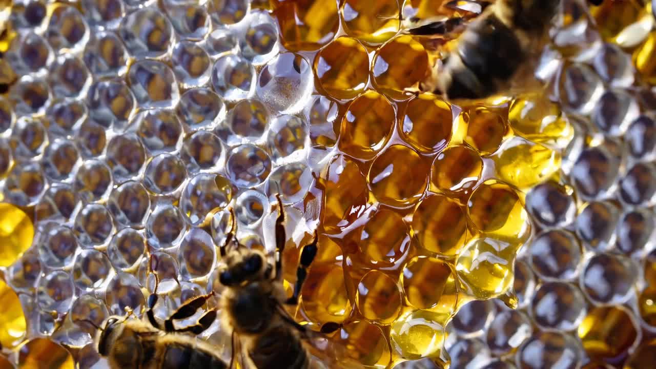 Close-up video shot of bees on a honeycomb, showcasing intricate details and vibrant colors