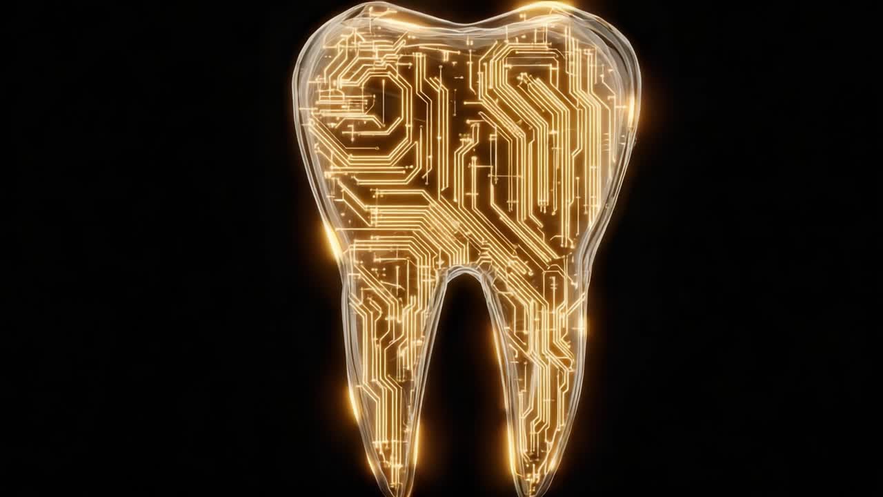 Digital Tooth Concept: A Futuristic Representation of a Tooth Embedded with Circuitry and Lights, Symbolizing the Intersection of Dental Health and Technology