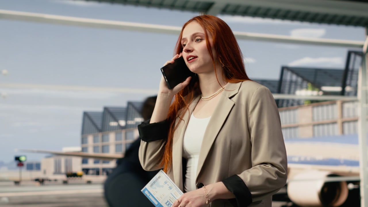 Женщина-цифровой кочевник в аэропорту разговаривает по смартфону