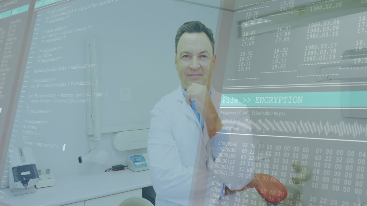 Mature male scientist stroking chin in lab, displaying encryption code graphic and progress bar