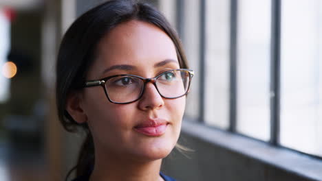 Joven-Empresaria-Con-Gafas-Sonriendo,-Cerrar