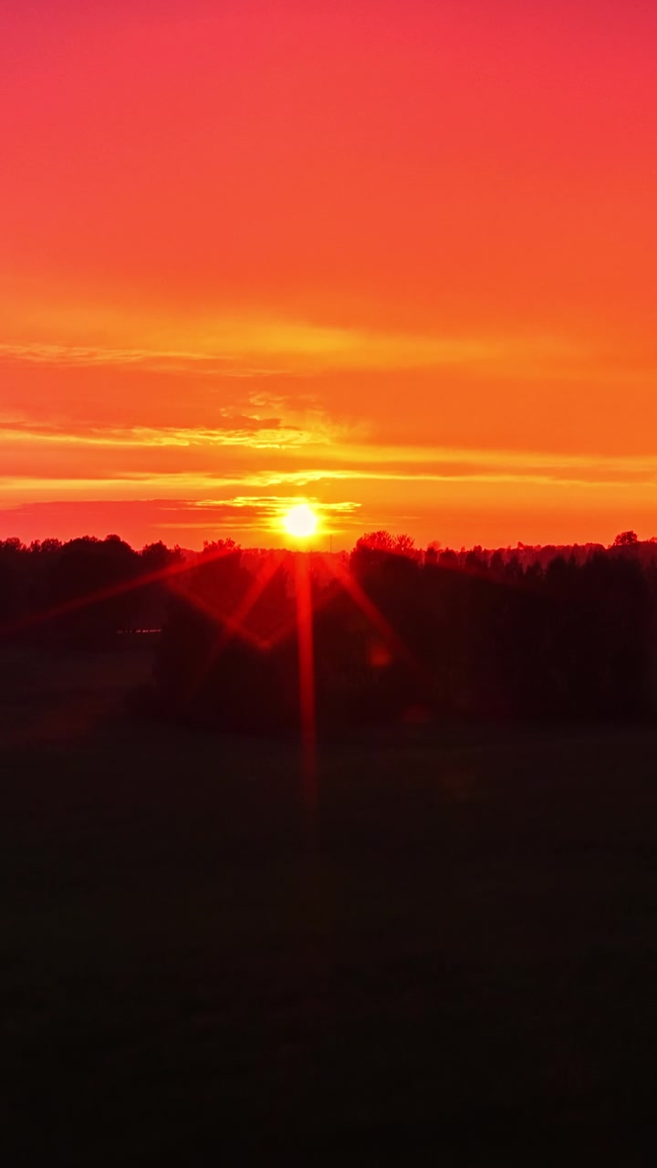 Lys orange solnedgang over mørk trægrænse og åben landskabshorisont, vertikal luftoptagelse med tilbagetrækning, silhuet