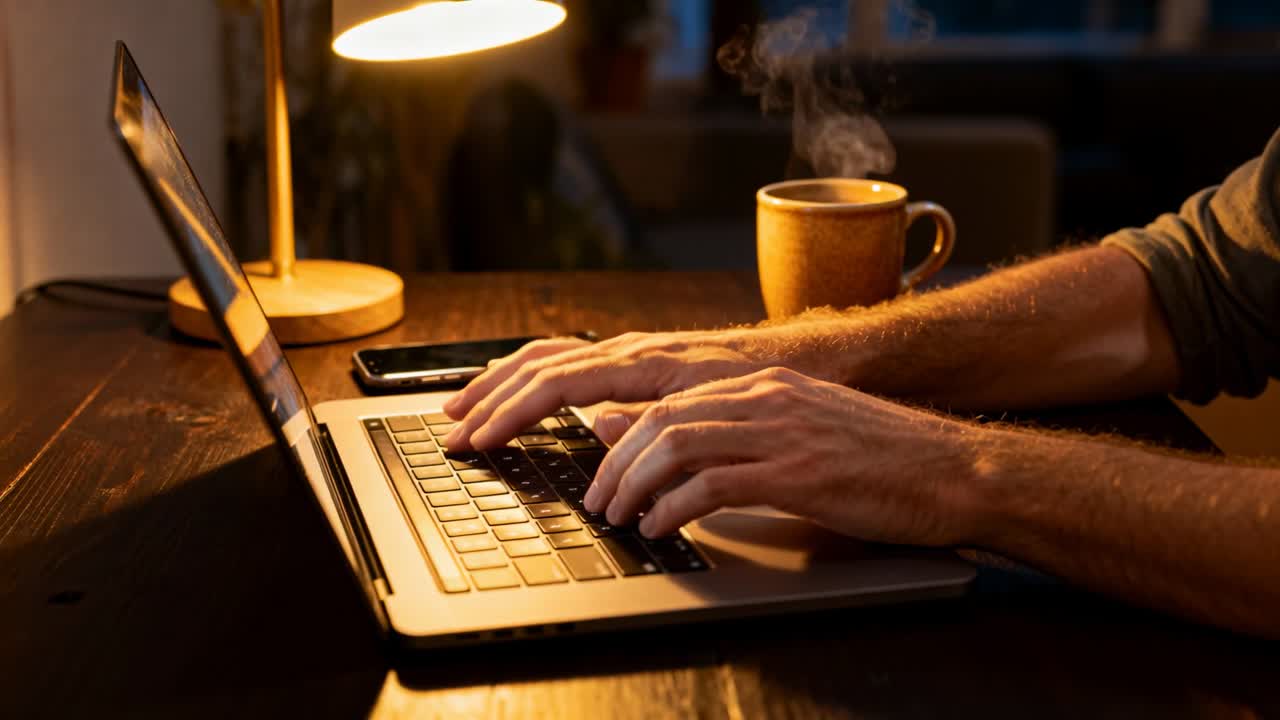 Typende man met opgestroopte mouwen begint met werken, toetsen indrukkend thuis met een laptop, mok, lamp en telefoon.