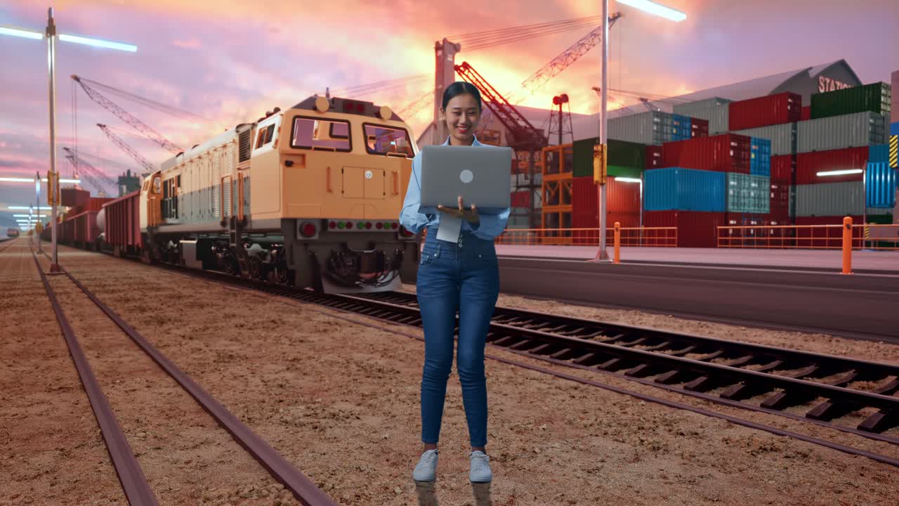 Full Body Of Asian Female With Her Laptop With Freight Cargo Train At Port, Working Continuously