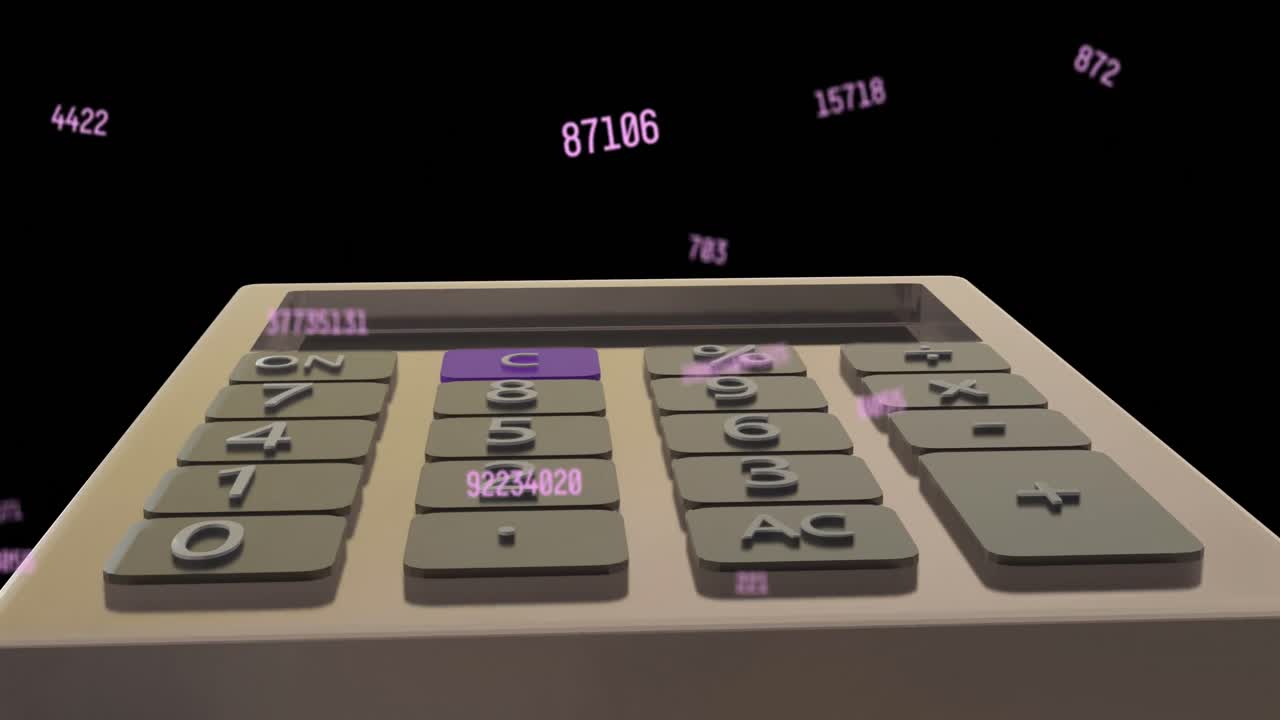 Animation of calculator spinning over numbers on black background