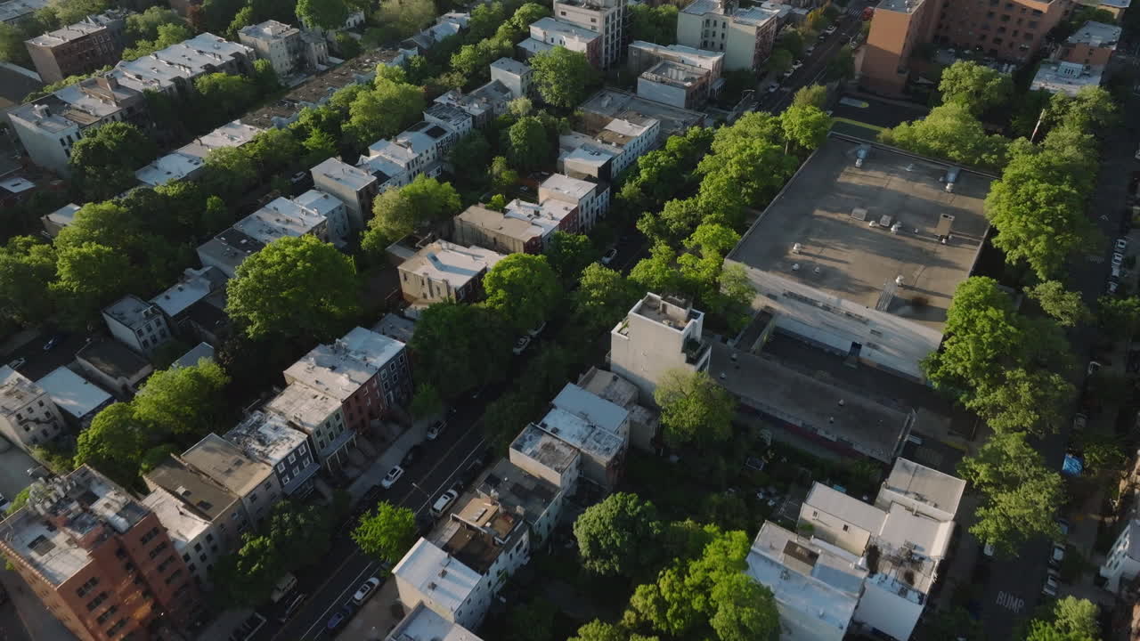 Aerial view of homes in Fort Greene Brooklyn. Shot at sunrise in New York City.